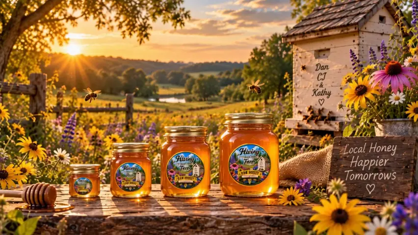Jars of honey on a weathered table in front of the hive, where the flight ends.