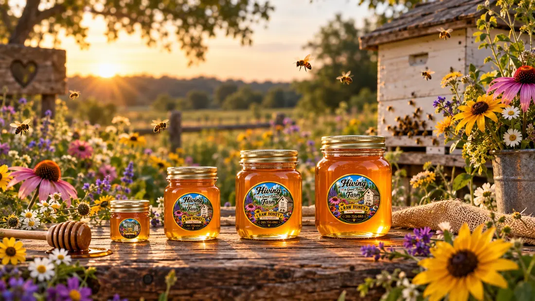 Four jars of honey of increasing size on a wooden table among wildflowers at sunset.